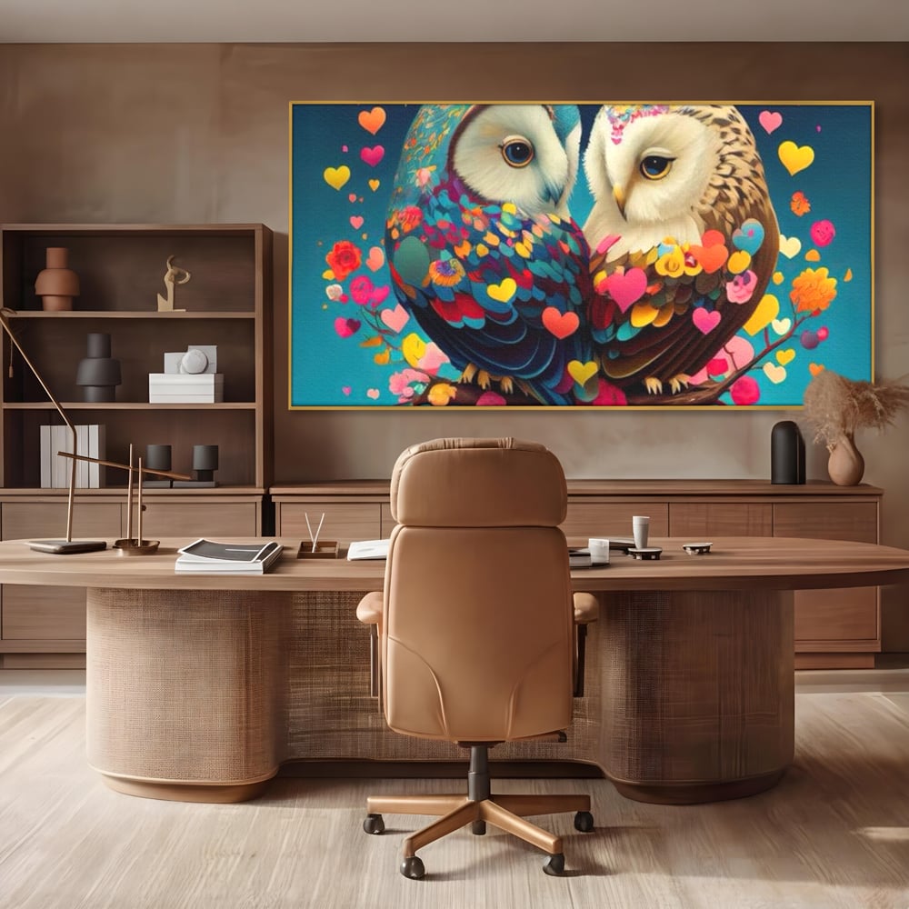 Tablou canvas cu tablou canvas cu doua bufnite colorate si inimi, in rama de aluminiu auriu, pe perete intr-un birou